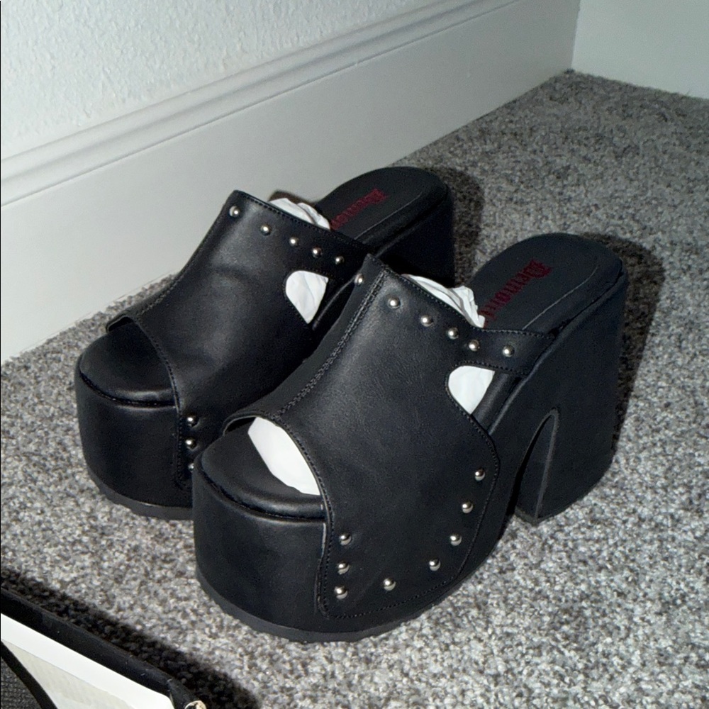 Demonia Black Studded Platform Mules